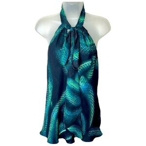 MILLY Snake Print Bow Tie Neck Halter Top 12 Green Blue Black Party Glam Party